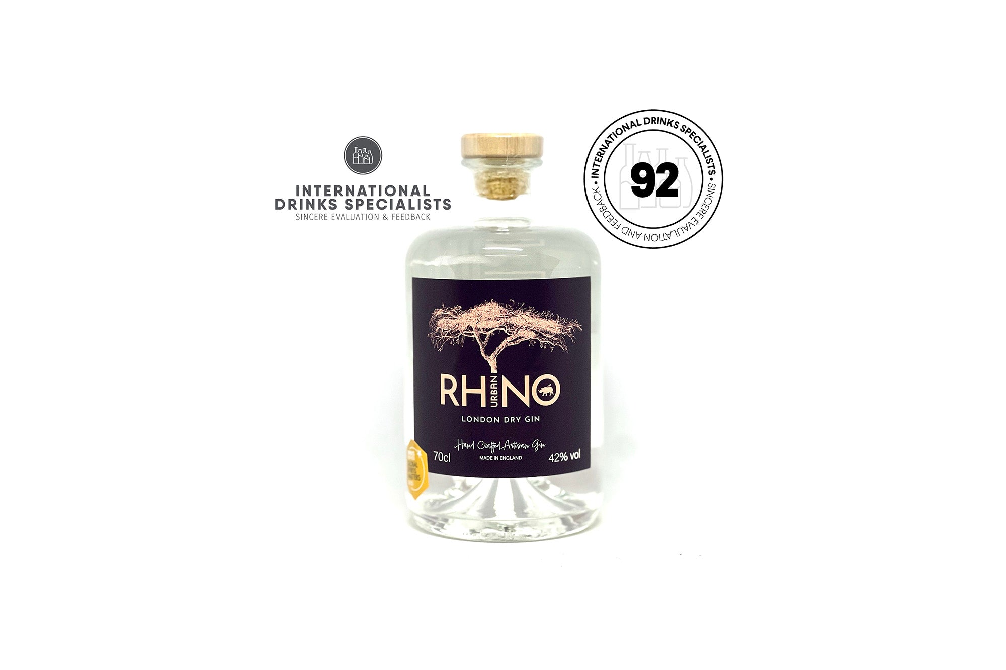 URBAN Rhino Premium London Dry gin has been awarded an amazing 92 out of 100 by the experts at International Drinks Specialists.