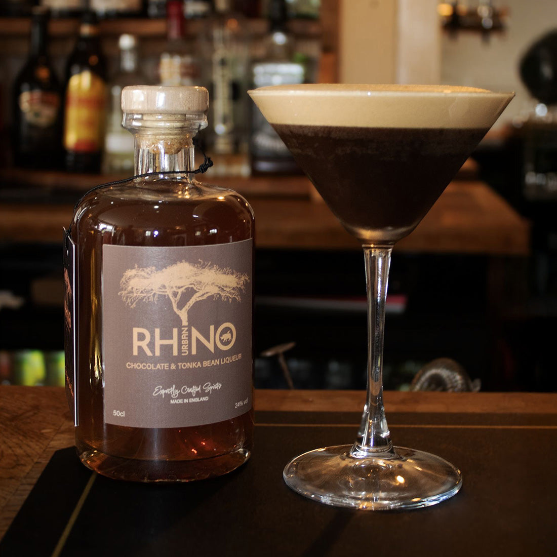 Urban Rhino Espresso Martini swaps vodka for Gin with is chocolate and tonka bean liqueur 
