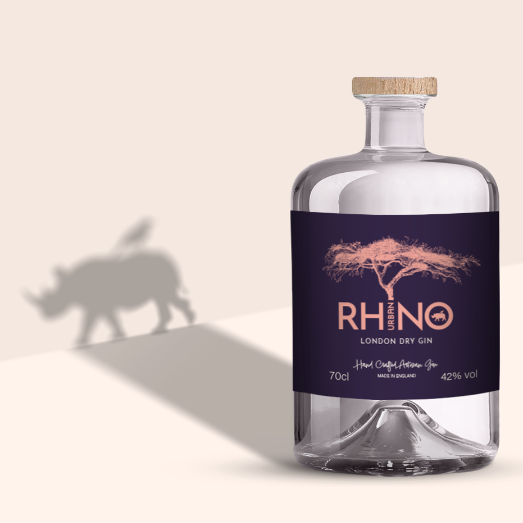 Urban Rhino Hand Crafted Artisan London Dry Gin 70cl with oxpecker and rhino shadow