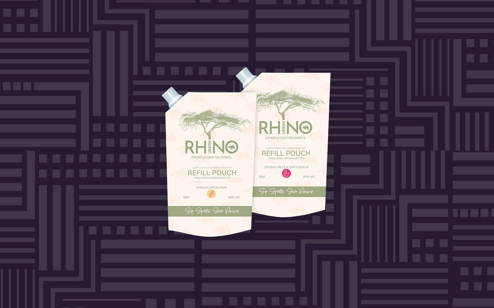 Two Rhino refill pouches on a patterned purple background